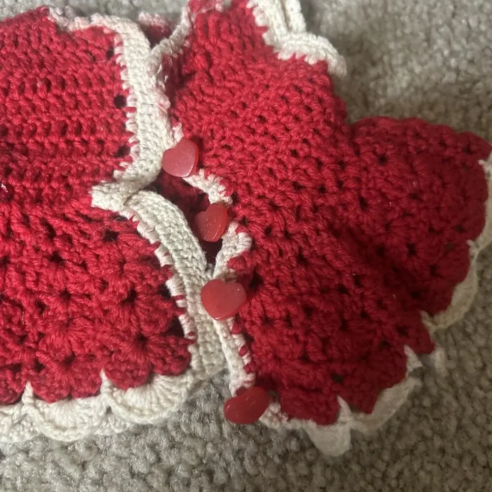 Vintage Doll Dress Tops Lot 3 Handmade Blue Red Hearts Crocheted